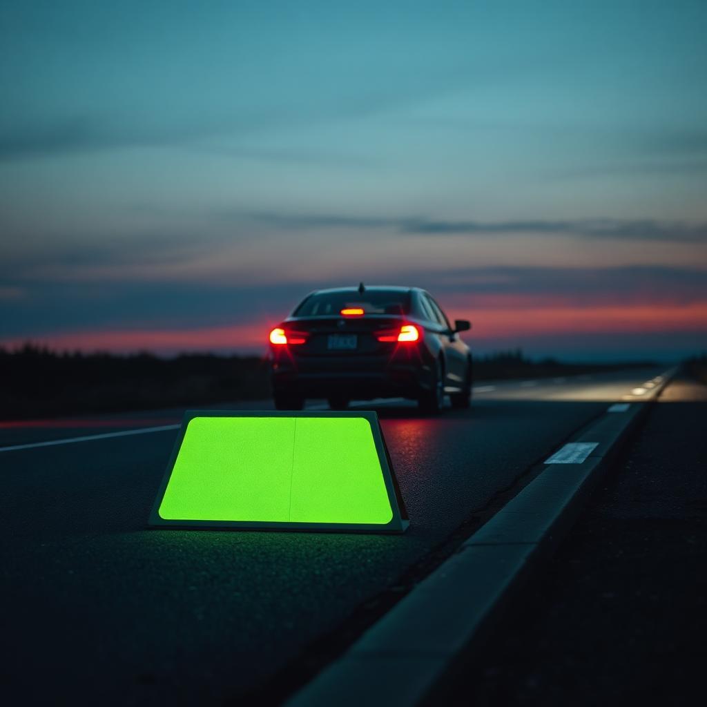 Yol kenarında güvenli şekilde durmuş araç ve reflektör
