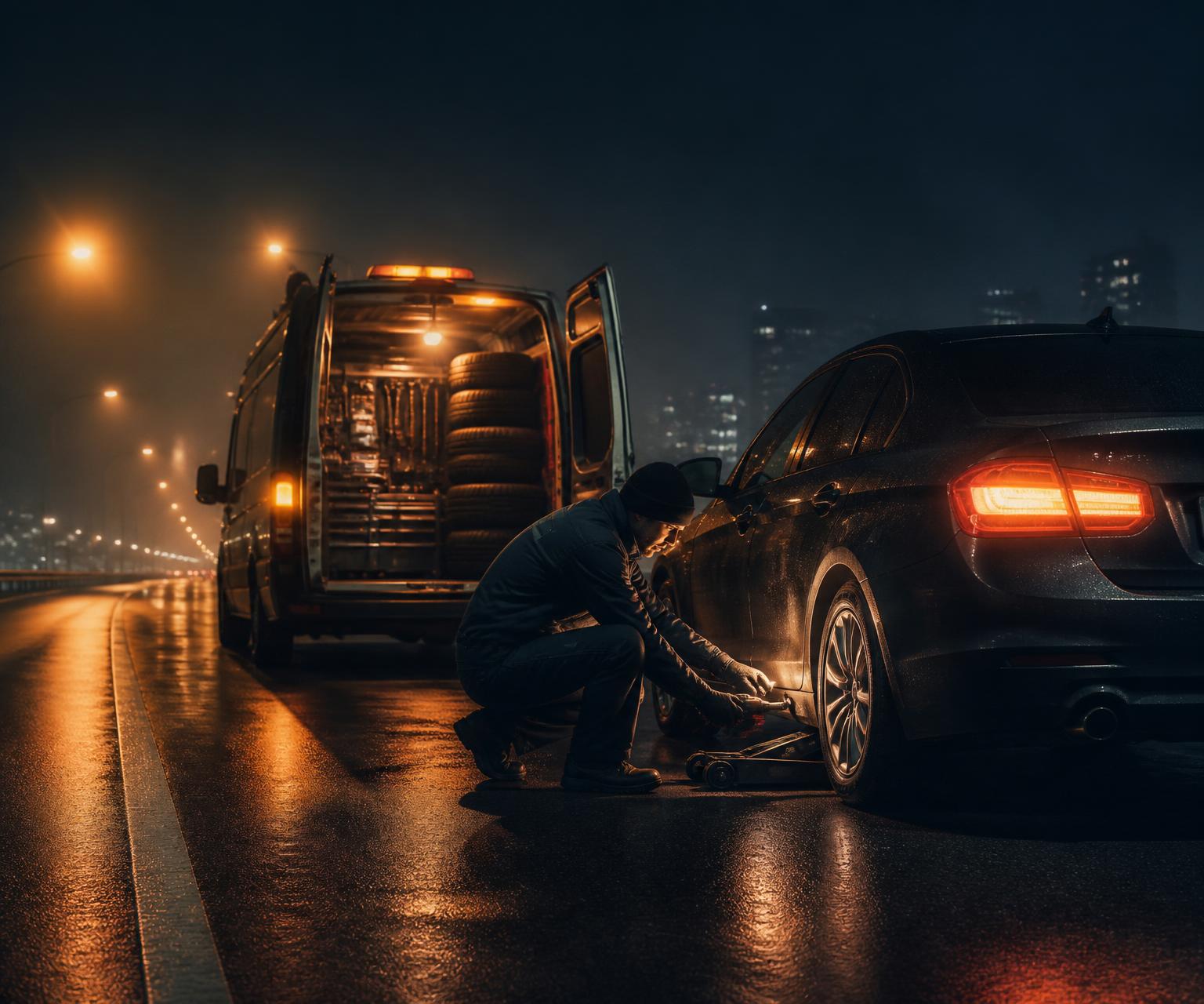 Gece yolda kalan araca müdahale eden mobil oto lastikçi ekibi